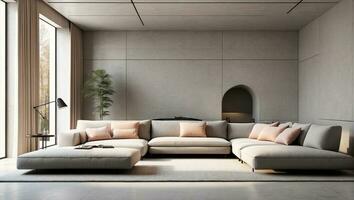 AI generated Minimalist Living Room with Wood Panel Accent, Modern Architectural Design. 3D Illustration photo