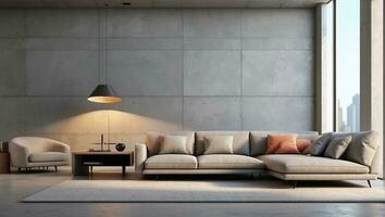 AI generated Minimalist Living Room with Wood Panel Accent, Modern Architectural Design. 3D Illustration photo