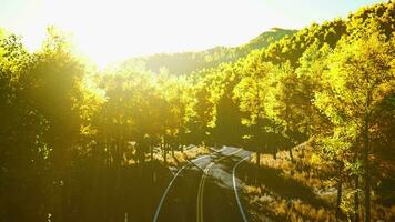 Straße und gelber Bergwald bei Sonnenuntergang video