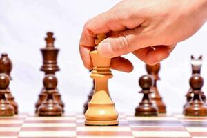 a person is holding a wooden chess piece photo