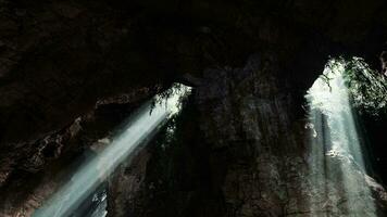 zonlicht streaming in een mysterieus grot, creëren een volume van licht video