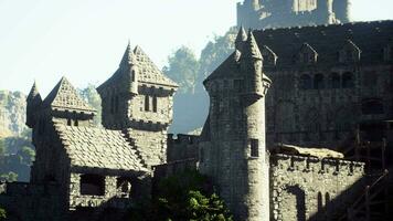 Old ruined castle in the misty mountains video