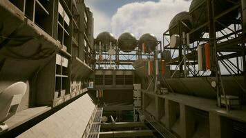 A towering building with an intricate network of pipes on its concrete roof video
