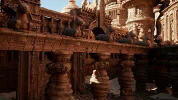 A group of statues displayed on a wooden table in a temple video