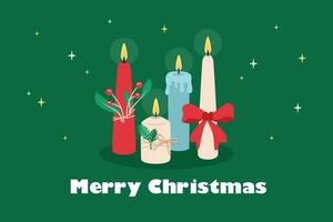 Christmas candles greeting card with lettering in flat style. vector