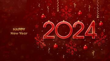 Happy New Year 2024. Hanging glitter ice numbers 2024 with shimmering snowflakes, stars, balls, confetti on red background. New Year greeting card, banner, flyer, poster. Vector illustration.