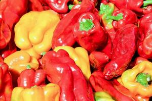 a large pile of red and yellow peppers photo