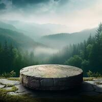 AI generated Wood and stone slice round disc podium with mountain background podium In forest For product present photo