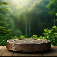 AI generated Wood and stone slice round disc podium with mountain background podium In forest For product present photo