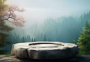 AI generated Wood and stone slice round disc podium with mountain background podium In forest For product present photo