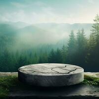 AI generated Wood and stone slice round disc podium with mountain background podium In forest For product present photo