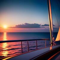 AI generated Yacht sailing against sunset. Holiday lifestyle landscape with skyline sailboat and sunset silhouette. Yachting tourism. The image was created using generative AI. photo