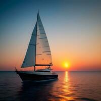 AI generated Yacht sailing against sunset. Holiday lifestyle landscape with skyline sailboat and sunset silhouette. Yachting tourism. The image was created using generative AI. photo