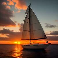 AI generated Yacht sailing against sunset. Holiday lifestyle landscape with skyline sailboat and sunset silhouette. Yachting tourism. The image was created using generative AI. photo