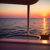 AI generated Yacht sailing against sunset. Holiday lifestyle landscape with skyline sailboat and sunset silhouette. Yachting tourism. The image was created using generative AI. photo