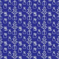 Christmas pattern in doodle style. White line on a dark blue background. Vector illustration.