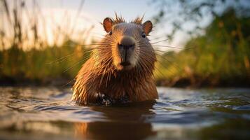 AI generated Sunset Swim Capybara Amidst River Reeds photo