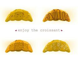 Set Vector illustration appetizing croissants on white background. Flat art style design for web, site, poster, banner, menu, sticker. text Enjoy the croissant with hearts