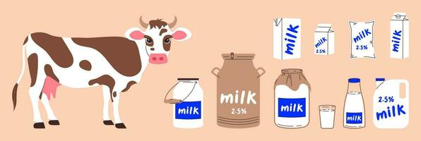 Vector clip art on the theme of dairy products. Cute cow and different packages of milk, three-liter jar, can, bucket, glass, canister of milk and other paper packaging for milk.
