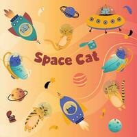 The inscription space cats on a gradient background. Various cat astronauts in helmets, spacesuits, playing in space. Spaceships. Planets. Vector illustration