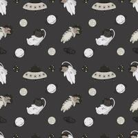 Seamless pattern with various astronaut cats in helmets, spacesuits, playing among the stars in space. Spaceships. Vector illustration