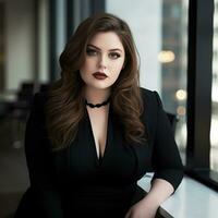 Woman plus size sitting in office at desk. Business style photo