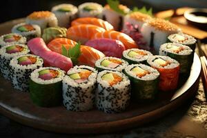 Set of sushi roll, highlighting the artistry of sushi presentation photo