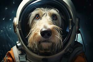 perro retrato en un de astronauta casco y traje. foto