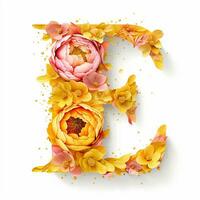Creative letter E concept made of fresh yellow and pink peony photo
