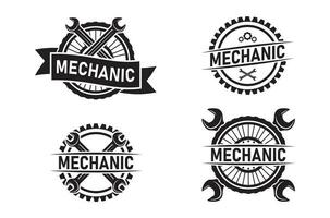 mecánico logo colocar, taller reparar icono, Clásico modelo de neumático rueda icono y taller llave inglesa. vector