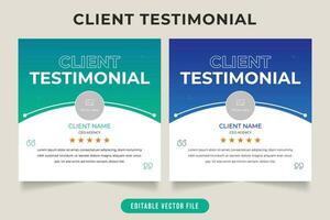 Client review and customer feedback template vector. Client testimonial layout design with blue and green colors. Customer service feedback and work review testimonials with photo placeholders. vector