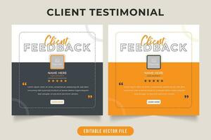 cliente testimonial y trabajo revisión modelo con amarillo y gris colores. cliente comentario y citar diseño diseño con clasificación sección. cliente realimentación y testimonial vector para negocio.