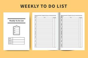 Weekly to do list notebook and task tracker vector. Task organizer and work planner list interior. Weekly worklist diary interior template design. To do list logbook and task planner journal. vector