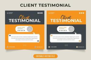 Client testimonial and work review template vector. Customer work experience and feedback layout design with yellow and black color. Customer feedback testimonial layout with photo placeholders. vector