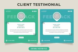 Client testimonial and quote layout vector with photo placeholders. Customer review and quote templates for businesses or websites. Client feedback and work rating layout with green and blue colors.