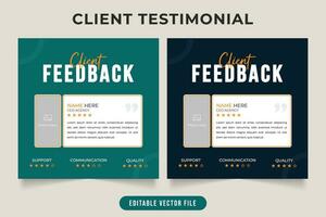 Client work review and testimonial design with yellow and dark gray colors. Modern customer feedback and quote layout vector for business promotion. Client experience and service review testimonial.