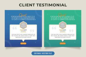 Customer work feedback and service review testimonial template with green and blue colors. Client experience and quote layout design with photo placeholders. Customer valuable feedback testimonial. vector