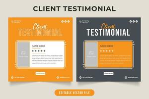 Business review testimonial design with dark gray and yellow colors. Customer experience feedback and quote section vector with photo placeholders. Client work review and rating template.