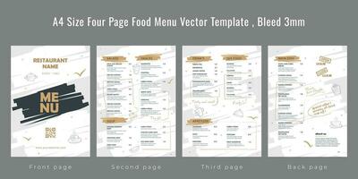 Restaurant cafe menu, template design, A4 size four page food menu template, bleed 3mm vector