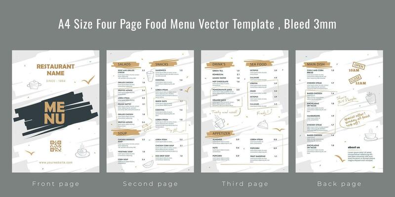 Restaurant cafe menu, template design, A4 size four page food menu template, bleed 3mm