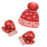 Set of red knitted mittens and hat with snowflakes vector