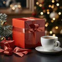 AI generated New Year's Cup drink in front of the Christmas background. Winter holidays concept. Created with Generative AI photo