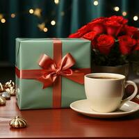 AI generated New Year's Cup drink in front of the Christmas background. Winter holidays concept. Created with Generative AI photo