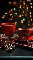 AI generated New Year's Cup drink in front of the Christmas background. Winter holidays concept. Created with Generative AI photo