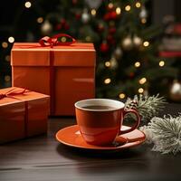 AI generated New Year's Cup drink in front of the Christmas background. Winter holidays concept. Created with Generative AI photo