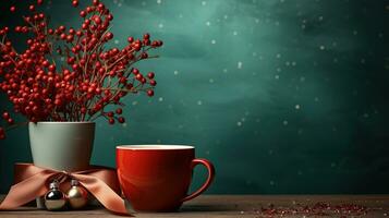 ai generado nuevo años taza bebida en frente de el Navidad antecedentes. invierno Días festivos concepto. creado con generativo ai foto