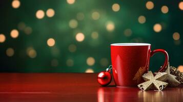 AI generated New Year's Cup drink in front of the Christmas background. Winter holidays concept. Created with Generative AI photo