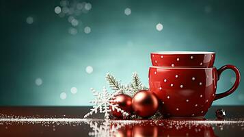 ai generado nuevo años taza bebida en frente de el Navidad antecedentes. invierno Días festivos concepto. creado con generativo ai foto