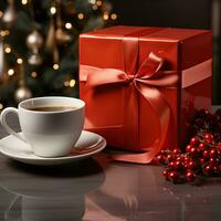 AI generated New Year's Cup drink in front of the Christmas background. Winter holidays concept. Created with Generative AI photo