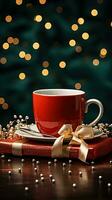 AI generated New Year's Cup drink in front of the Christmas background. Winter holidays concept. Created with Generative AI photo